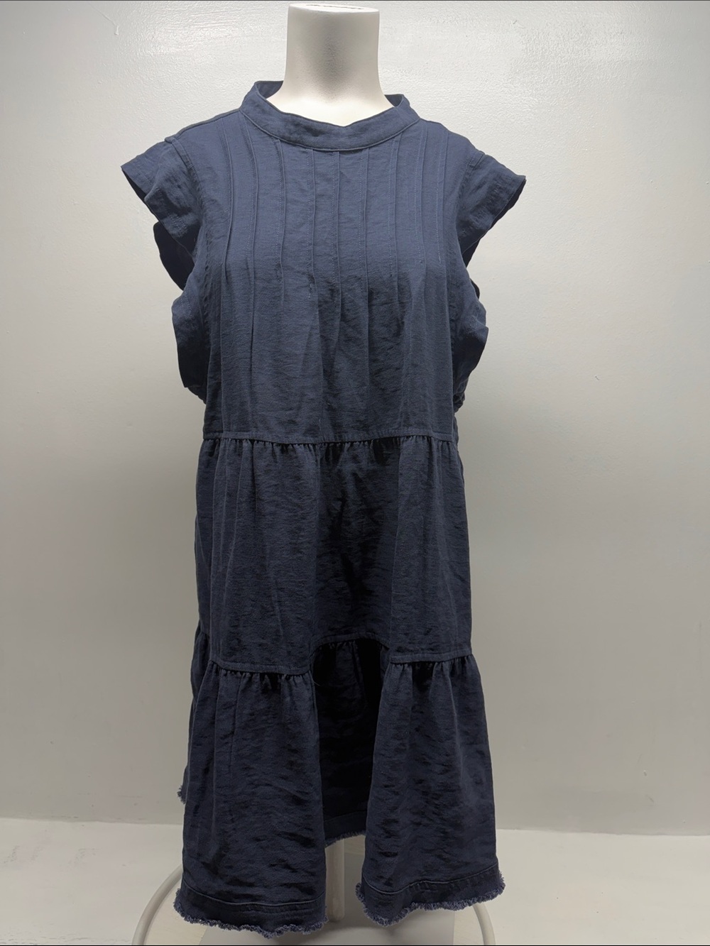 Bohme Regina Dress Pleated Mini Sleeveless Raw Hem Tiered Pockets Blue Medium